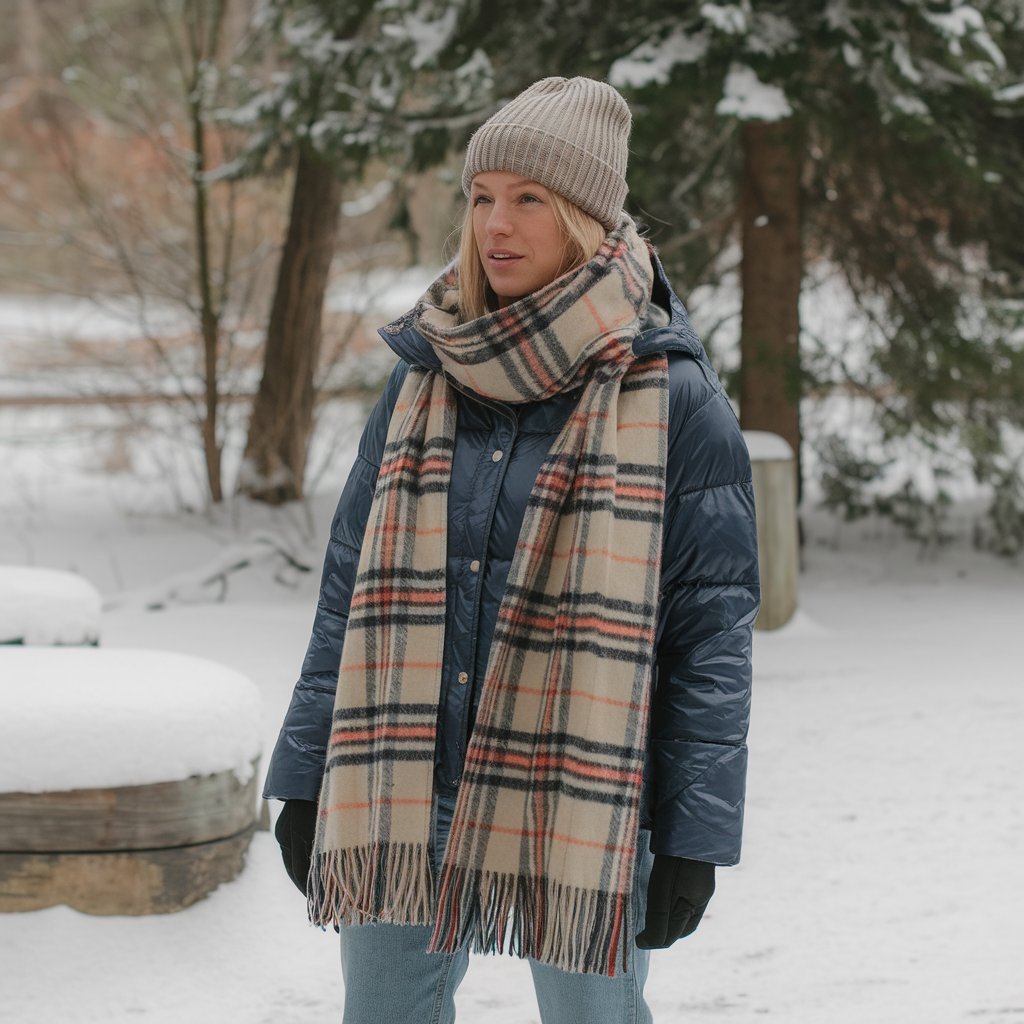 Puffer Jacket with Plaid Scarf and Beanie