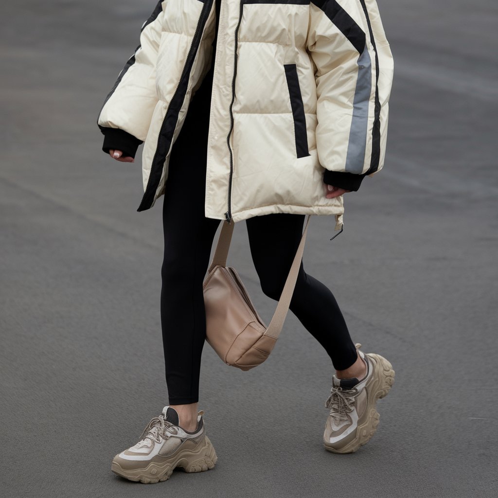 Oversized Puffer Jacket with Leggings and Chunky Sneakers