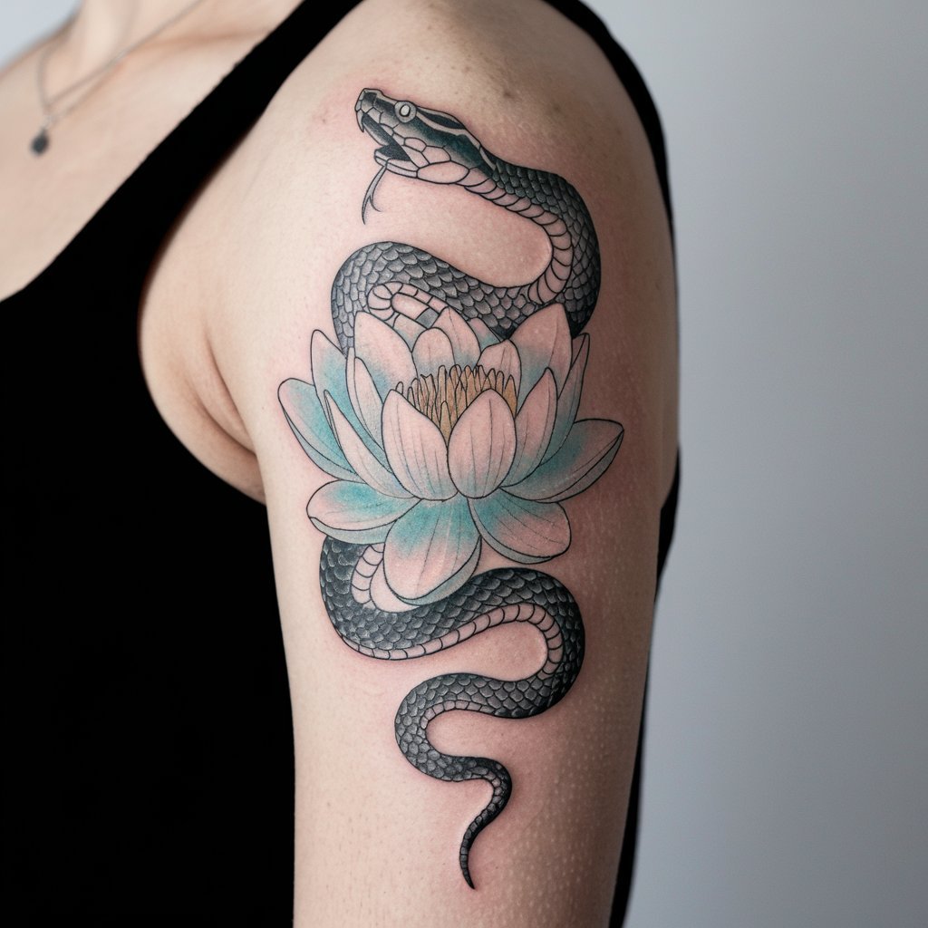 Snake and Lotus with Detailed Scales