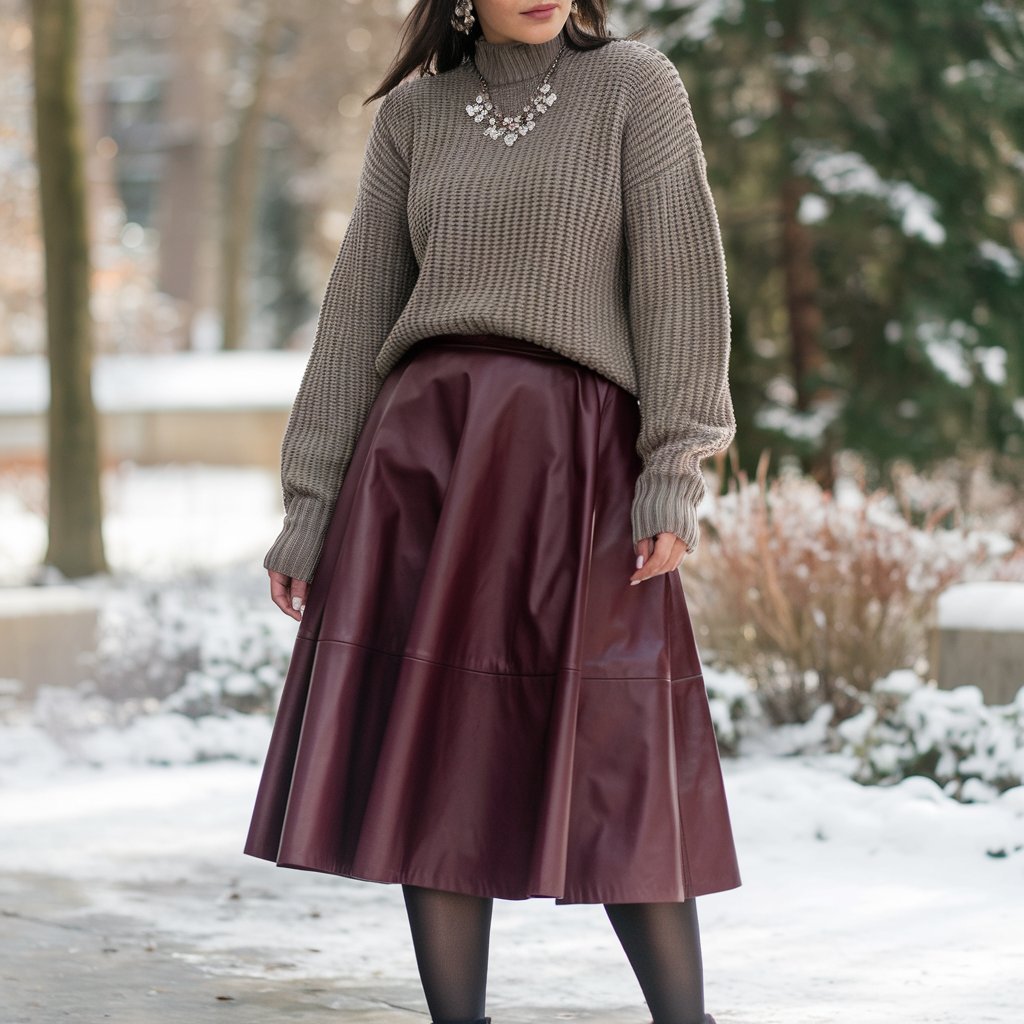 Chunky Knit Sweater with Leather Midi Skirt