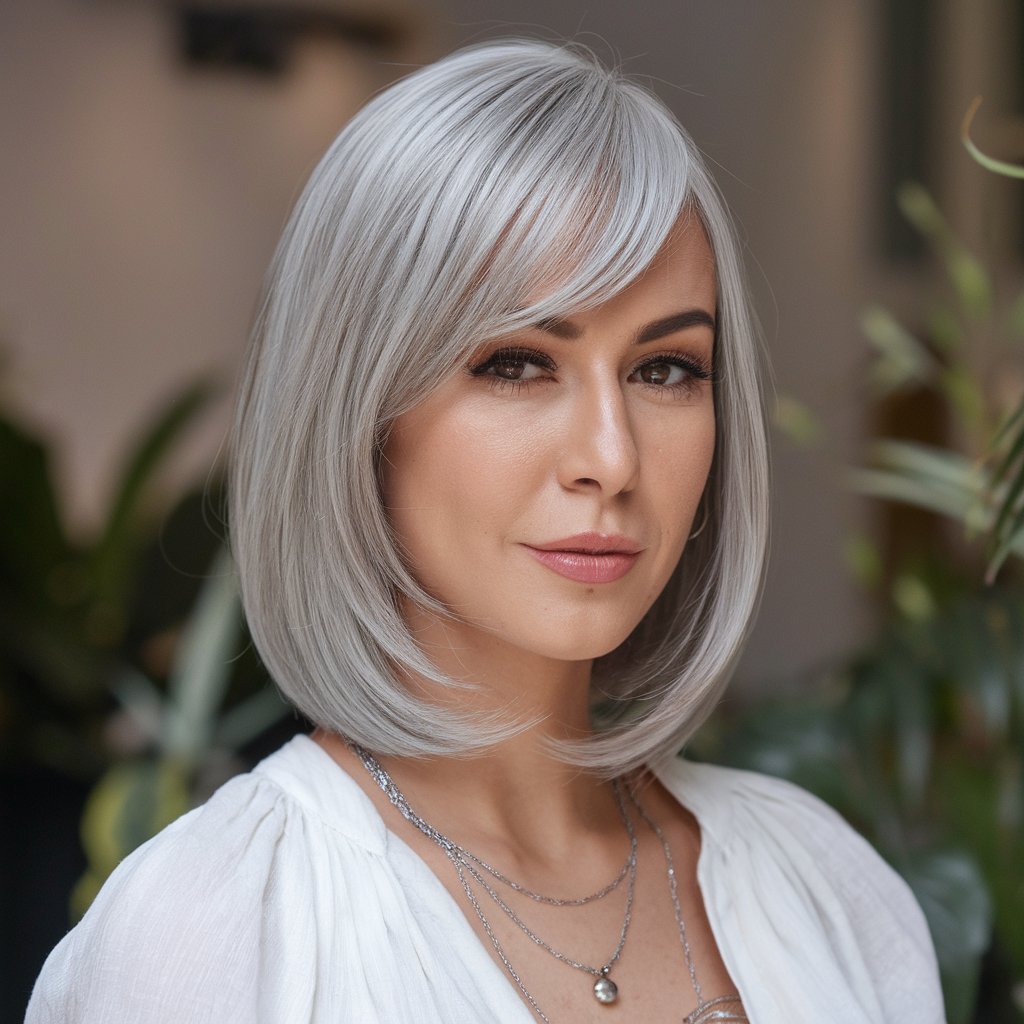 Grey Bob with a Side-Swept Fringe