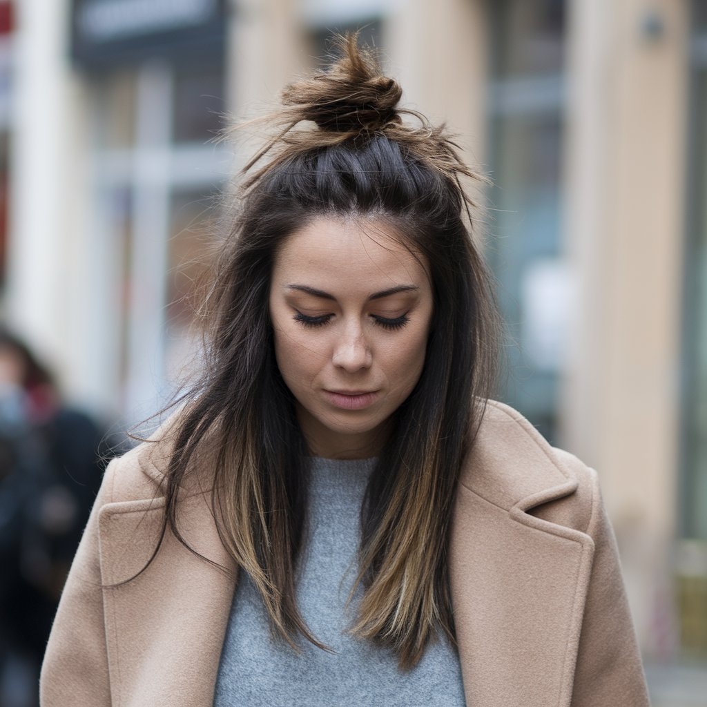 Messy Top Knot with Face-Framing Strands