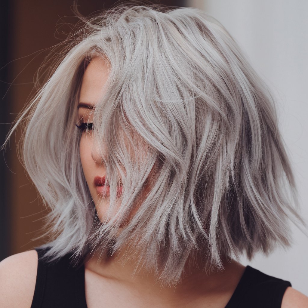 Messy Grey Bob with Highlights